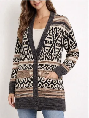 Lucky Brand Women's Southwest Aztec Cardigan Sweater Size Large Oversized boho thumbnail 1