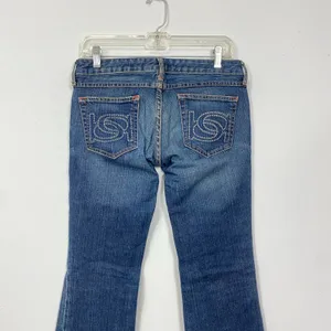 Bebe‎ EWomens Dark Wash Blue Denim Bootcut Low Rise Pants size 28 FLAWED thumbnail 4