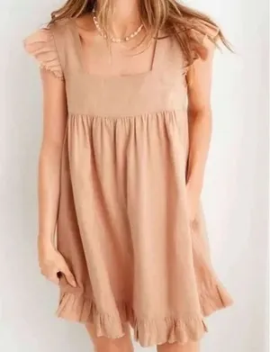 Aerie Flutter Sleeve Square Neck Babydoll Tunic Linen Blend Mini Dress thumbnail 1
