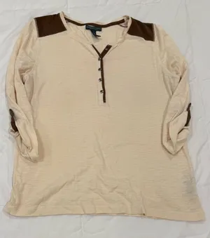 Lauren Ralph Lauren Cream Henley Top w/ Faux Suede Patches - Size L thumbnail 1