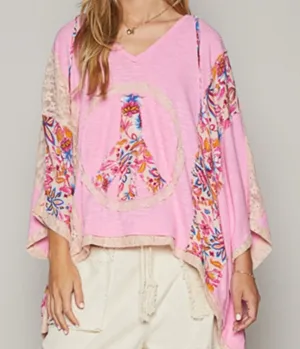 NEW POL Pink Blush Oversized Peace Sign Floral Mixed Media V-Neck Hoodie Top S thumbnail 1