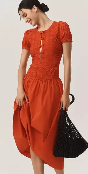 Damson Madder Smocked Drop Waist Stretch Organic Cotton Midi Dress 10 thumbnail 1