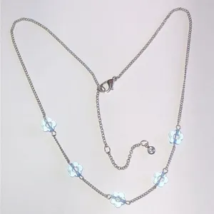 Silver Tone Clear Blue Flowers Dainty Chain Boho Necklace thumbnail 3