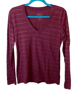 Fossil Long Sleeve V-Neck Top Medium‎ Burgundy Stripe Soft Tee thumbnail 1