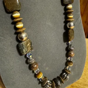 Beaded gemstone, wood plastic statement necklace Brown thumbnail 4