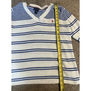 US‎ POLO ASSN WOMEN'S SWEATER NAUTICAL STRIPED V-NECK WHITE BLUE sz LARGE thumbnail 5