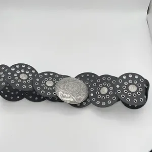 Womens Statement Belt Black Round‎ Circle Studded Belt Ornate Silver Buckle Y2K thumbnail 3