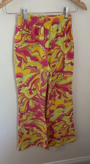 Frankies Bikinis XS Pink Yellow Psychedelic Swirl‎ Terry Cloth Flare Pants 70s thumbnail 1