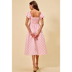 SO ME Polka Cotton Print Short Sleeves Midi Dress - Pink - Large thumbnail 6
