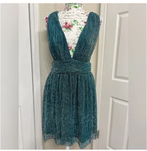 Lulus metallic stripe twist back cocktail dress in gold/teal thumbnail 3