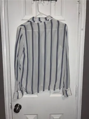 Reformation White Button-Down Shirt with Navy Stripes thumbnail 5