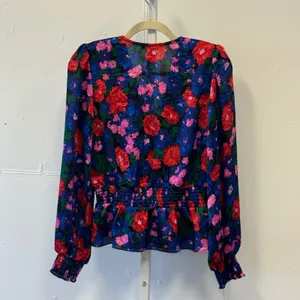 WAYF Floral Wrap V-Neck Smocked Peplum Blouse Long Sleeve Blue Red Small thumbnail 2