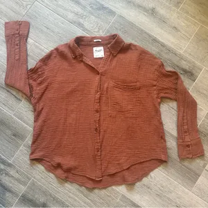 Abercrombie & Fitch Oversized Crinkled Gauzy Shirt Rust Orange Button down Large thumbnail 1