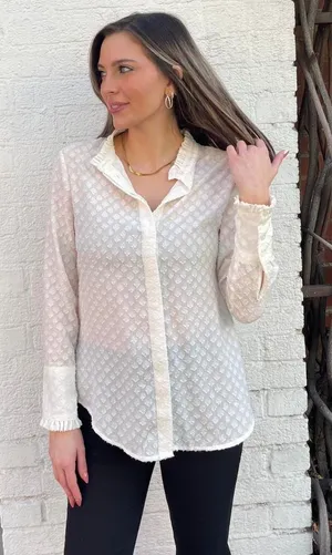 White Banana Republic Dillon classic fit blouse with ruffle collar sz xs thumbnail 1