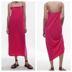 Zara Women’s Bright Pink Midi Fitted Dress Sz‎ M thumbnail 2