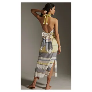 Striped Halter Maxi Dress - Yellow and Gray thumbnail 2