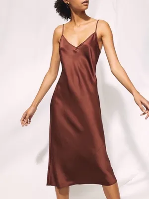 Aritzia Wilfred Only Slip Satin Midi Dress Genuine Brown Size XXS thumbnail 1