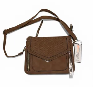 Violet Ray NYC Woven Flap Vegan Leather Crossbody Bag‎ in Cognac thumbnail 1