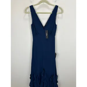Lulus Alorna Dark Navy Sleeveless Ruffled Maxi Dress Formal Chiffon XS NWT thumbnail 6