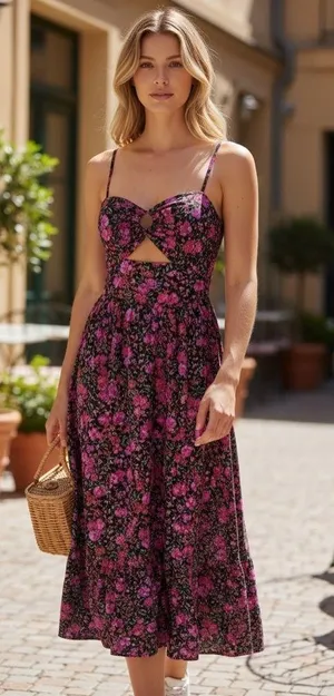 NWOT Fore Floral Tiered Boho Maxi Dress Cut Out Large Cotton Cotagecore thumbnail 1
