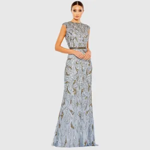 Mac Duggal Size 12 Silver Gray Gold Beaded Cap Sleeve Column Gown Maxi Dress thumbnail 3