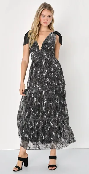 Lulus Guest List Gorgeous Black Floral Lurex Tie-Strap Maxi Dress Sz Small $88 thumbnail 1