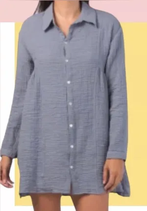 ZARA Blue Gray Cotton Gauze Crinkle Babydoll‎ Tunic Dress XS thumbnail 1