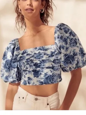 Abercrombie + Fitch Emerson Blue White Floral Smocked Puff Sleeve Top Size XL thumbnail 3