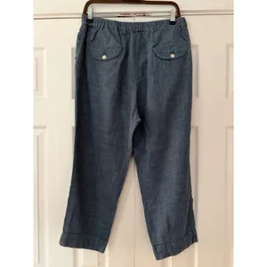 Free People Women Blue Cotton Linen Chambray Rope Drawstring Crop Pants Large thumbnail 3