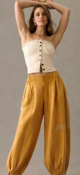 NWT By Anthropologie Embroidered Parachute Pants Linen Blend Boho Mango Mojito L thumbnail 1