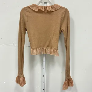 Altar'd State Y2K Inspired Tan Ribbed Ruffle Tie Front‎ Crop Top Long Sleeve Med thumbnail 2
