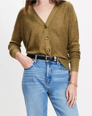 LOFT Olive Green V-Neck Button Wool Blend Cardigan - Size: Medium thumbnail 1