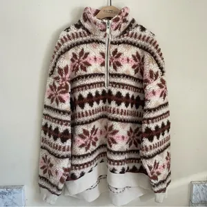 Aerie Sherpa Half Zip Pullover Snowflake Print Teddy Fleece Size M Pink Brown thumbnail 3