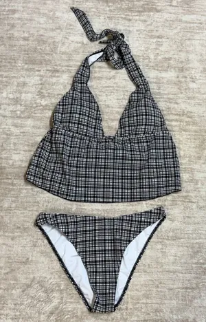 Samiol Women’s Medium Black White Plaid Tankini Bikini Swimsuit Plunge Halter thumbnail 1