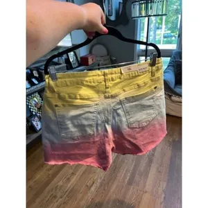 Judy Blue Large Cut Off Denim Shorts Dip Dye Ombre Yellow Blue Pink Frayed NWT thumbnail 2