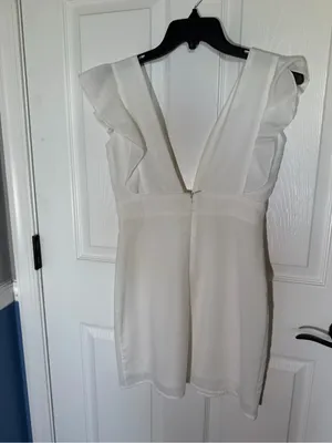Superdown Harlow Mini Dress White Plunge with Ruffle Shoulders Small thumbnail 4
