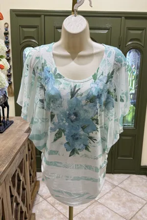 Express Blue Floral Top with Sheer Butterfly Sleeves – Women's Size Small thumbnail 1