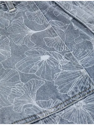 Cider Happy Hour Lotus Print Denim Mini Shorts High Rise Raw Hem Blue Size XL thumbnail 2