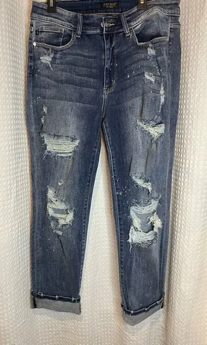 Judy Blue Ripped Boyfriend Jeans in Dark Blue thumbnail 1