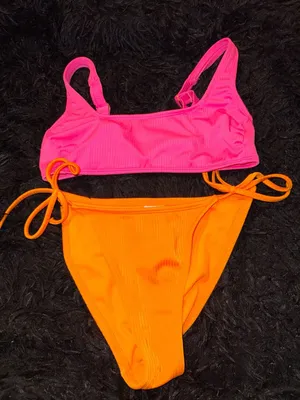 Wild Fable Ribbed Bikini Set Pink Top Size S Orange Bottom Size XS thumbnail 1