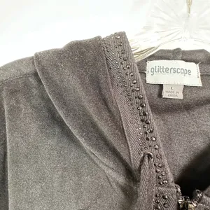 Glitterscape Black Velour Rhinestone Zip Up Hoodie Heart Zipper Pull Large thumbnail 7