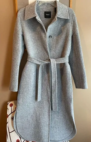 NWT Theory Womens Long Grey Wool and Cashmere Shirttail Belted Coat, size XS thumbnail 1