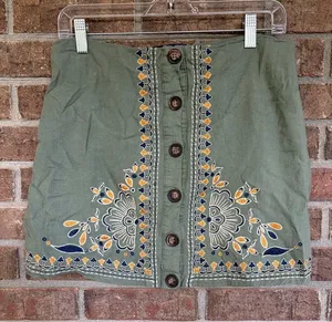 Blue Rain Olive Green Embroidered Button-Front Mini Skirt thumbnail 1
