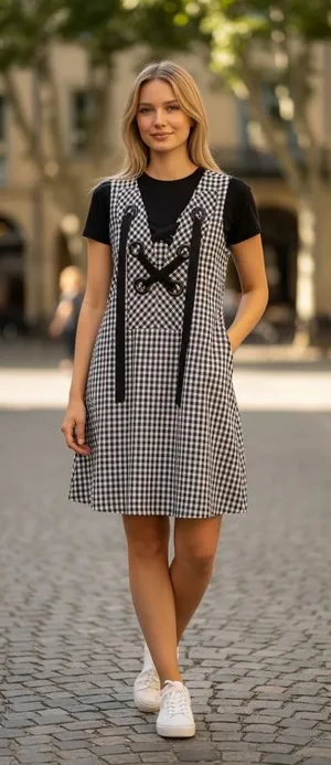 English Factory Check‎ Sleeveless Grommet Mini Dress Black White HN1644D Large thumbnail 1