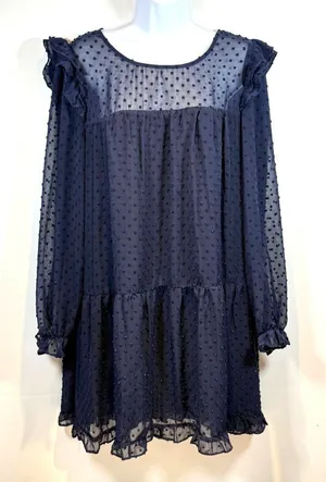 Sheer Navy Blue Dotted Tier Ruffle Dress Long‎ Sleeves Size L Romantic Whimsy thumbnail 1