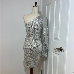 Bebe Silver Asymmetrical Sequin Bodycon‎ Dress thumbnail 4