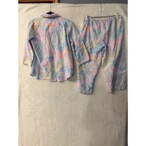 Lauren Ralph Lauren Pajama Set Womens Medium Pink Paisley Cotton 3/4 Sleeve Crop thumbnail 15