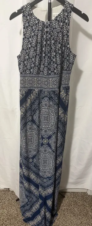 London Times Navy Blue Geometric Medallion Print Sleeveless Maxi Dress Size 8 thumbnail 1