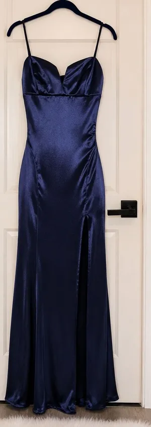 Honey and Rosie Navy Blue Satin Sweetheart Neck Side Slit Maxi Formal Gown Small thumbnail 1