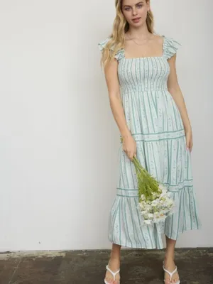 Blu Pepper Stripe Floral Pattern Smocked Tiered Midi Dress Last One Size Large thumbnail 5